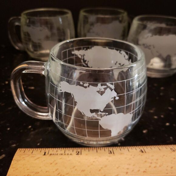 Nestle Nescafe Coffee Cup Mugs World Map Globe Clear Etched Glass Vintage set 6 - Picture 11 of 15